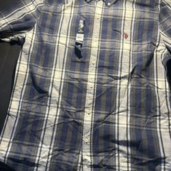 U.S. Polo AssnMens Plaid Classic Navy Medium Long Sleeve Button-Down Woven Shirt With Tags