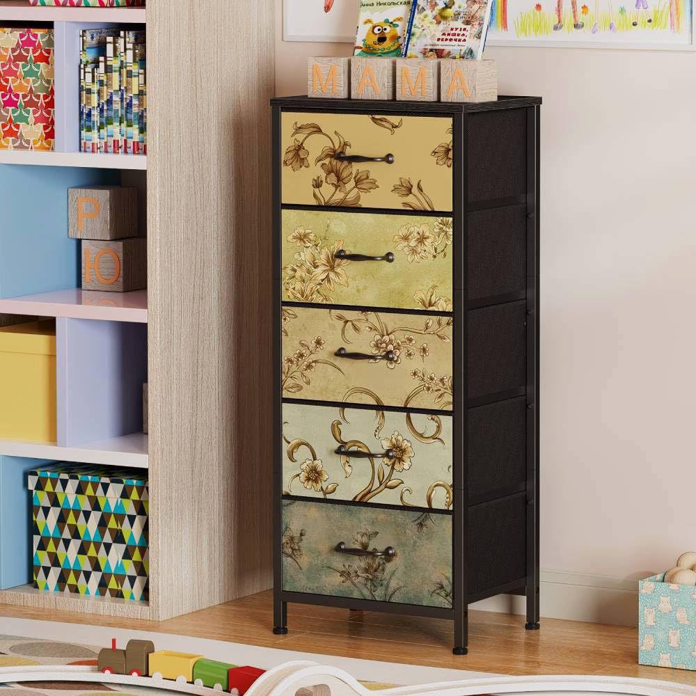 38" Dresser Tall Storage with 5 Fabric Drawers Floral Green Organizer Closet Bedroom Entryway Vintag