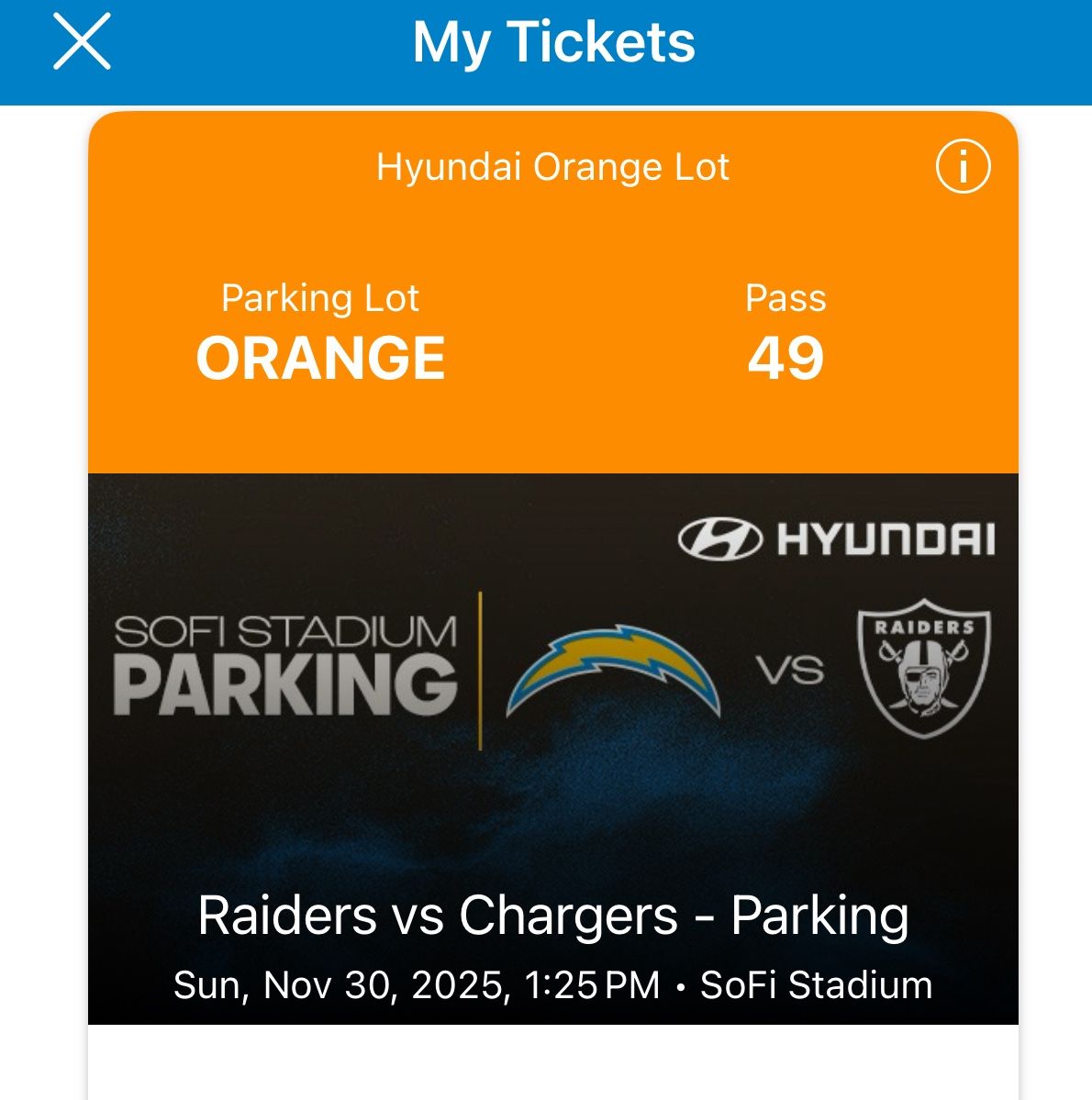 Chargers Parking Pass Orange Lot