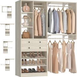 Closet System - 60"/92" Closet System with Drawers, 5FT/7.67FT Closet Organizer System with Reversible Hanging Shelving and Hanging Rods, for Small/Wa