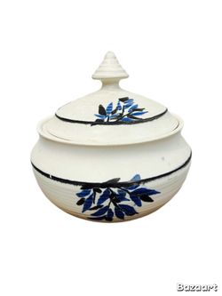 Unique Vintage Handmade Ceramic Lidded Jar - Blue Floral Design