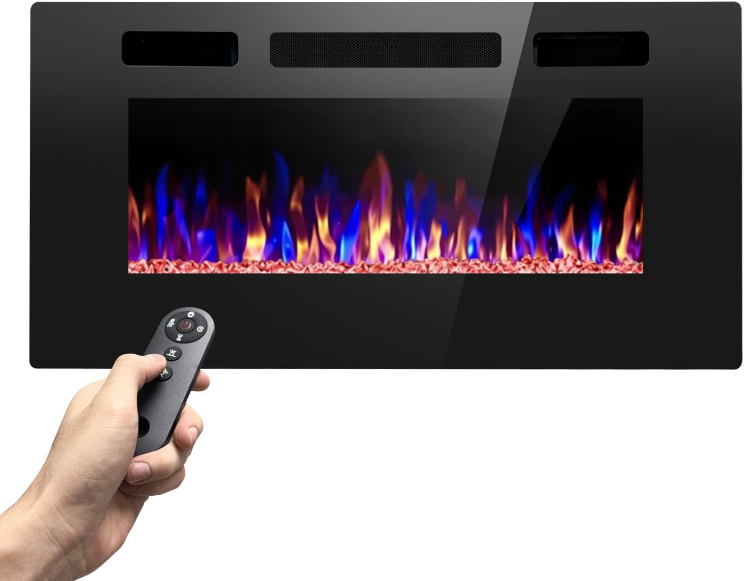 Electric Fireplace Recessed and Wall Mounted, 36 Inch Low Noise Electric Fireplace with Realistic