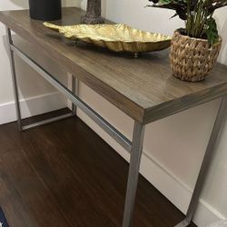 Entry Console Table Faux Wood Top with Brushed Silver Metal Frame. 