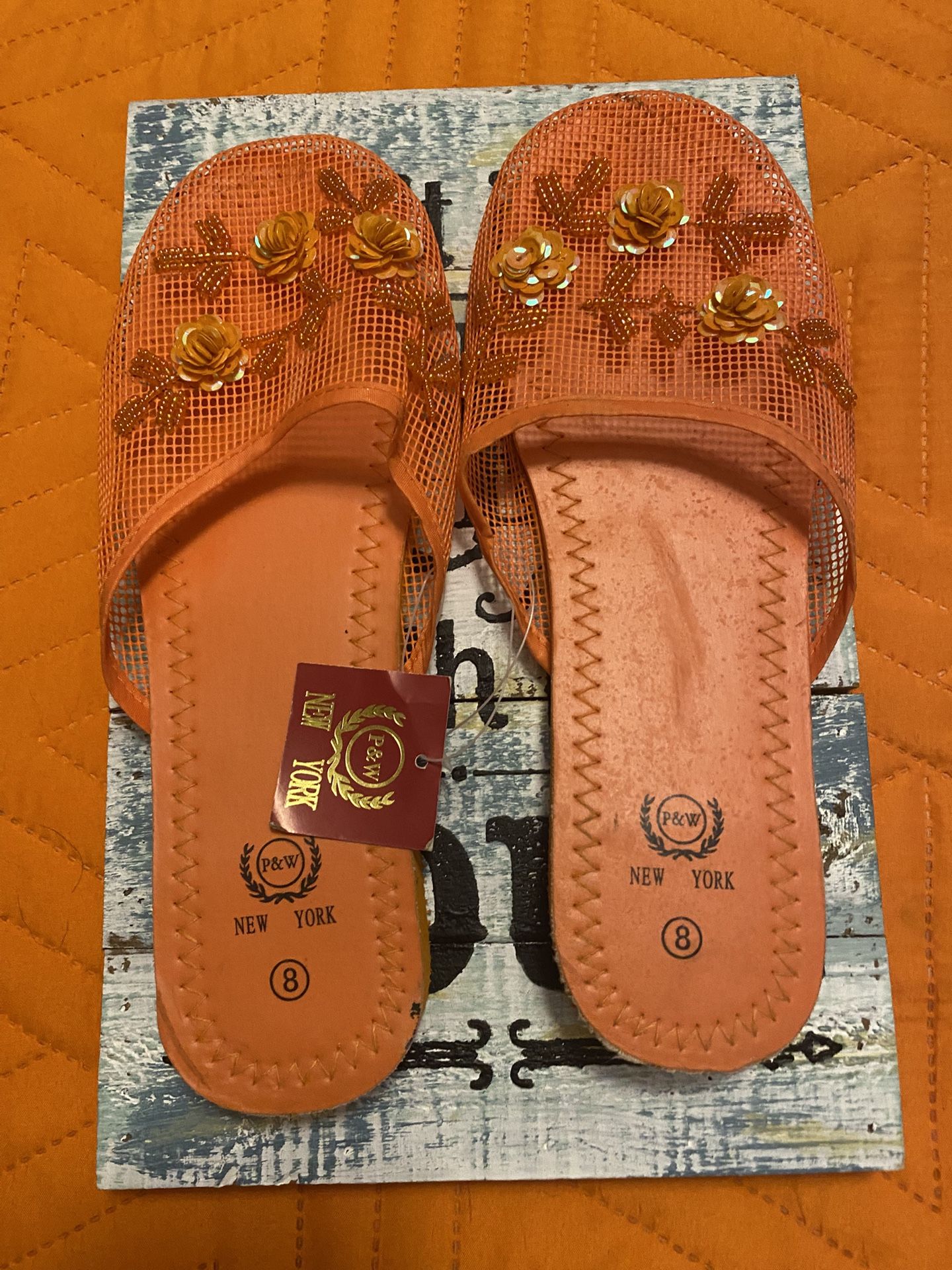 New York Orange Mesh Floral Sandals size 8