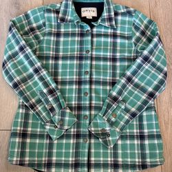 Orvis Fleece Shirt Jacket Womens Medium Green and Blue Plaid Fleece Lined Snap with Pockets