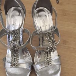 Bejeweled Silver Heels Worn Once Size 7