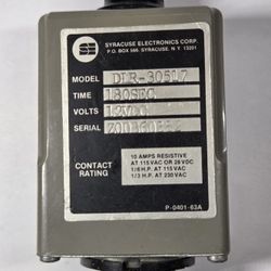Syracuse Electronics Corp. DLR-30517 , 0- 180 Sec. Input 12VDC , Contacts 10A.Resistive At 115VAC/28VDC,1/6HP at 115VAC,1/3HP AT 230VAC