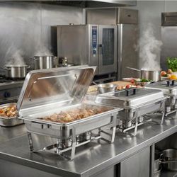 Set of 4 stainless steel chafing dishes, each with a 10-quart capacity