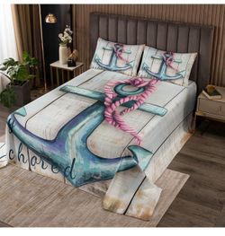 Erosebridal Teal Vintage Anchor Bedding Set Nautical Themed Bedspread Set Retro Rustic Farmhouse Quilt Twin Brown Grunge Wooden Stripe Coverlet,Brown