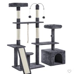 Multilevel Plush Cat Activity Tower with Dangling Balls - Dark Gray
