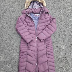 Eddie Bauer Women’s M Long Puffer Coat Purple Faux Fur Hood Quilted Winter Jacket