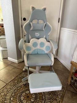 Cute Vigosit Cat Ear Gaming Chair w/ Footrest & Paw Pillow – Blue/White