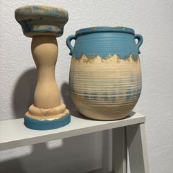 Turquoise With Gold Leaf Decor candlestick and floral pot