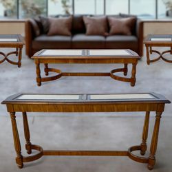 Brown Wood & Glass 4-Piece Living Room Table Set