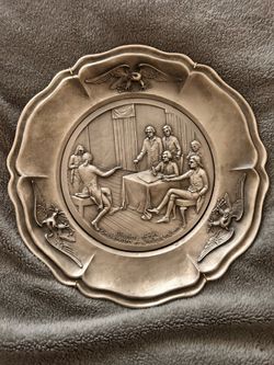3, 10” Commemorative Pewter Plates with hanging hardware on back already.  P.B Bastor, 1(contact info removed)