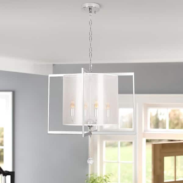 Modern 4-Light Silver Square Frame Pendant Chandelier with Inlaid White Drum Fabric Shade for Kitchen Island