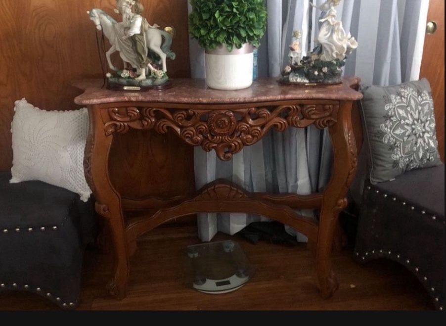 100% Carved Wood Tables With Marble Tops