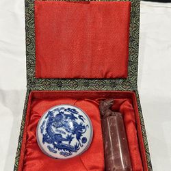 Vintage Chinese Red Wax, Carved Seal Stamp, Dog, Set In Brocade Covered Box