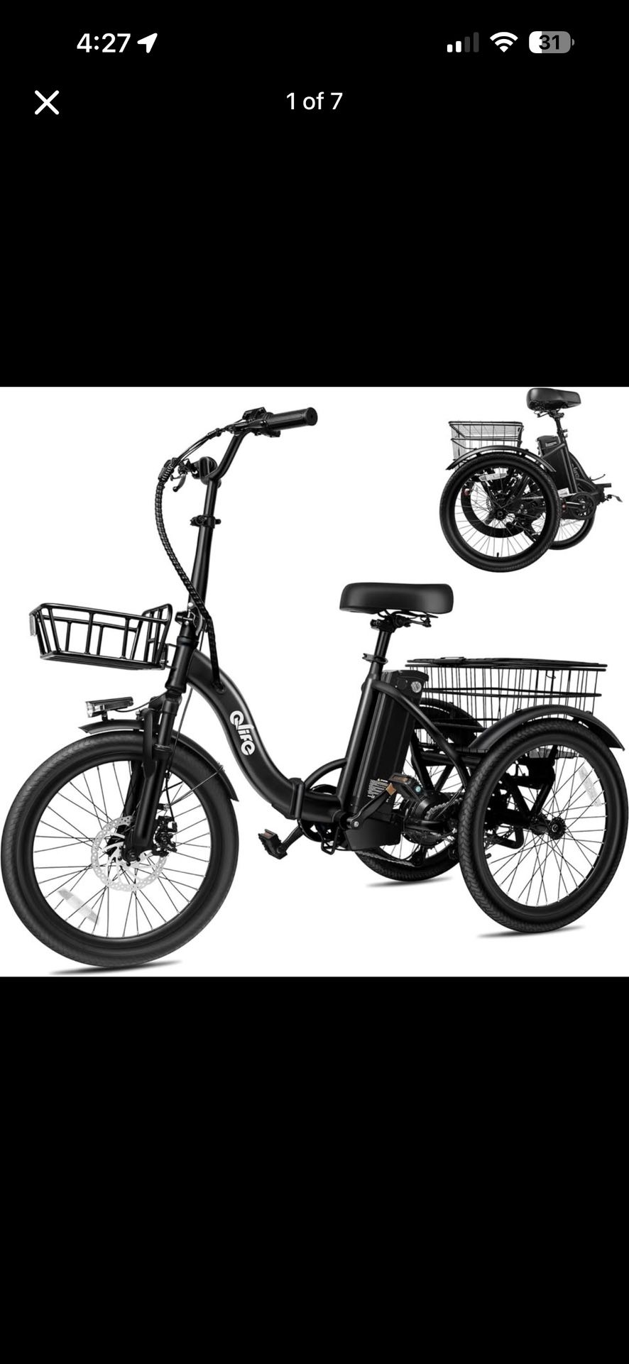 Qlife Triker Electric Bike, Peak 750W Brushless Motor Folding Trike Ebike - BRAND NEW