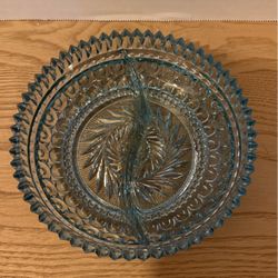 Vintage light blue Pressed Glass Divided Candy Relish Dish 6" Saw Tooth Edges Swirl Design 