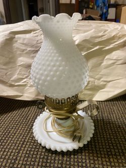 Vintage Electric Milk Glass Hobnail Hurricane Lamp with Finger Loop Handle