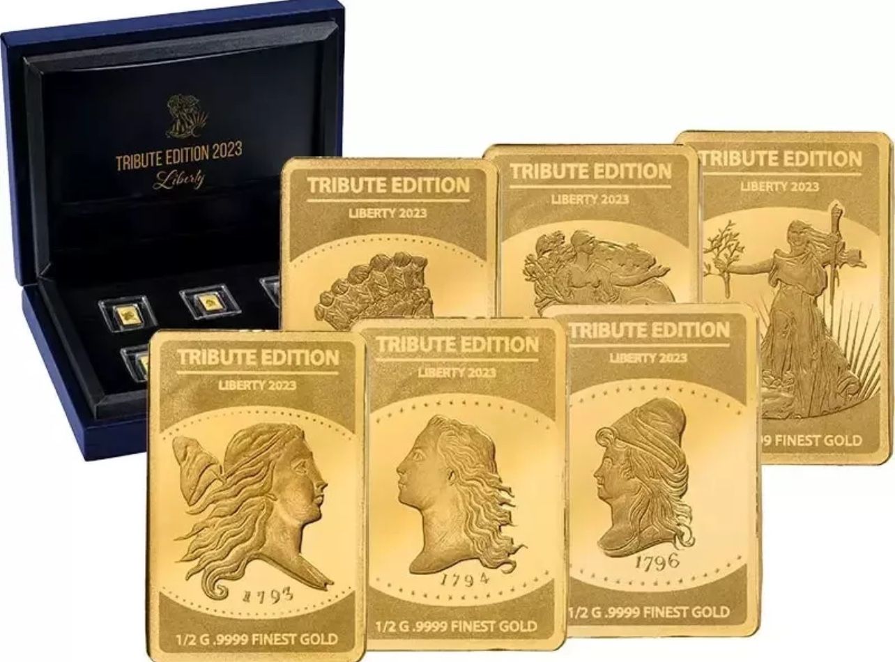 2023 Solomon Islands • SET OF 6 Commemorative 1/2 Gram Pure Gold Bars (.9999 Fine) • Flowing Hair, Walking Liberty Cap Tribute • Limited Mintage