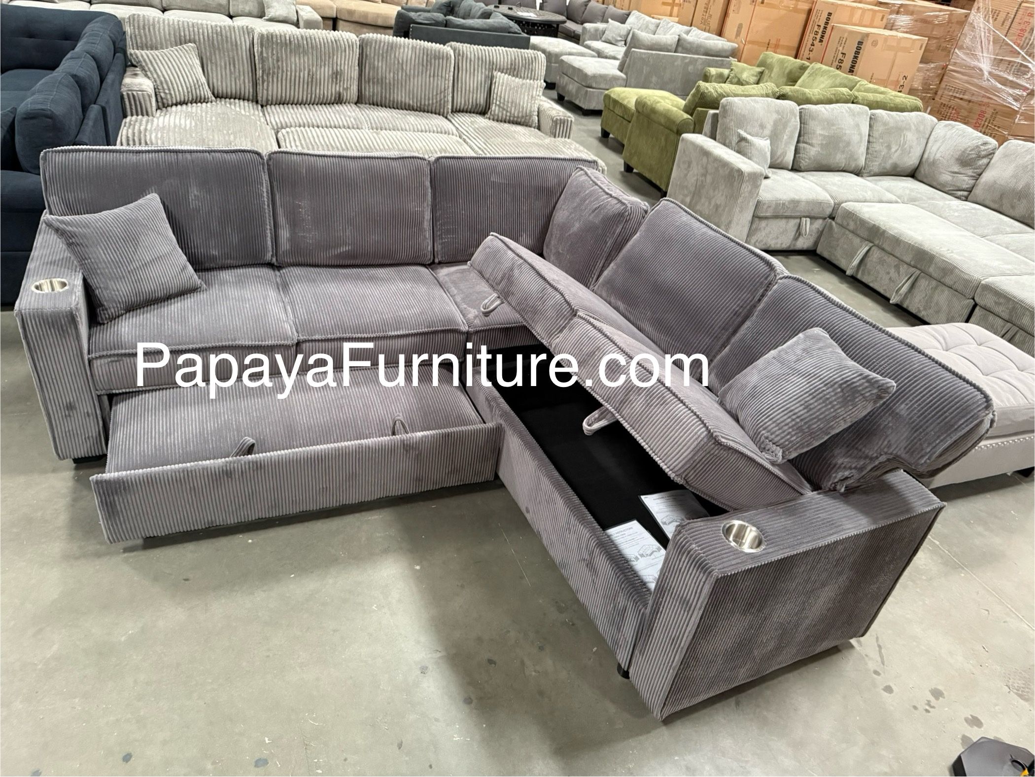 New Sectional Sofa Pullout Sleeper Bed Convertible Dark Grey Fabric Storage Sofabed USB Port Cup Holder