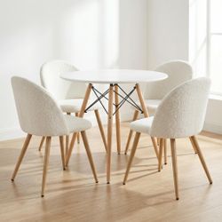 Homy Casa 5PC CHAD Dining Table Set 31.5" Matte White Beige Fabric Dining Chair Set of 4