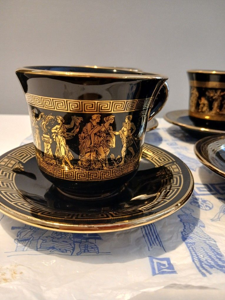 Set of 6 Vintage Greek Mythology Tea Cups and Saucers – 24K Gold Trim – Hand Made