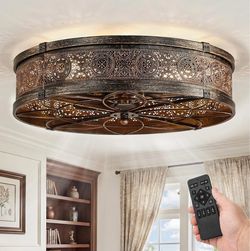 LEDIARY 20" Caged Farmhouse ceiling Fan and Light with Remote, Black Gold Flush Mount, Bladeless Enclosed Fandelier, 6 Speed, Quiet Powerful DC, Rusti