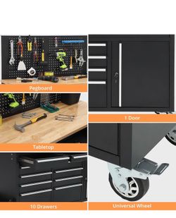 Garvee Rolling Tool Chest, 61 in Garage 10 Drawers Workbench Storage Tool Cabinet with Solid Rubber Wood Top, Power Strip, 1675 LBS Load Mobile Workst