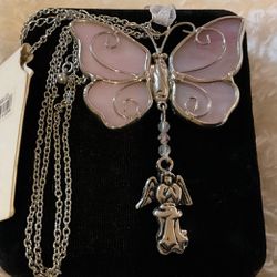 Silver Necklace W/Beautiful Pink Butterfly Pendant With Dangling Silver Angel