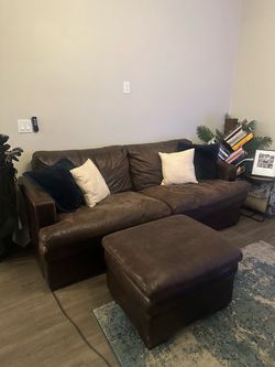 Large  Brown Faux Leather Couch + Matching Ottoman – $160 OBO