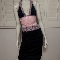 New small black pink lace stretchy halter mini dress goth gothic Lolita cut out
