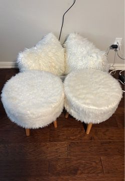 White Faux Fur Accent Ottomans & Pillows Set of 2