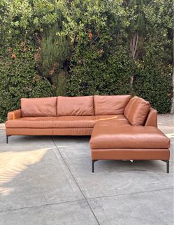 EQ3 Mid Century Modern 100% Leather Brown L-Shape Sectional Sofa Couch