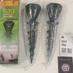 Solar Powered Mole & Vole Chaser Repellant For Lawn. 2 Pack. NEW