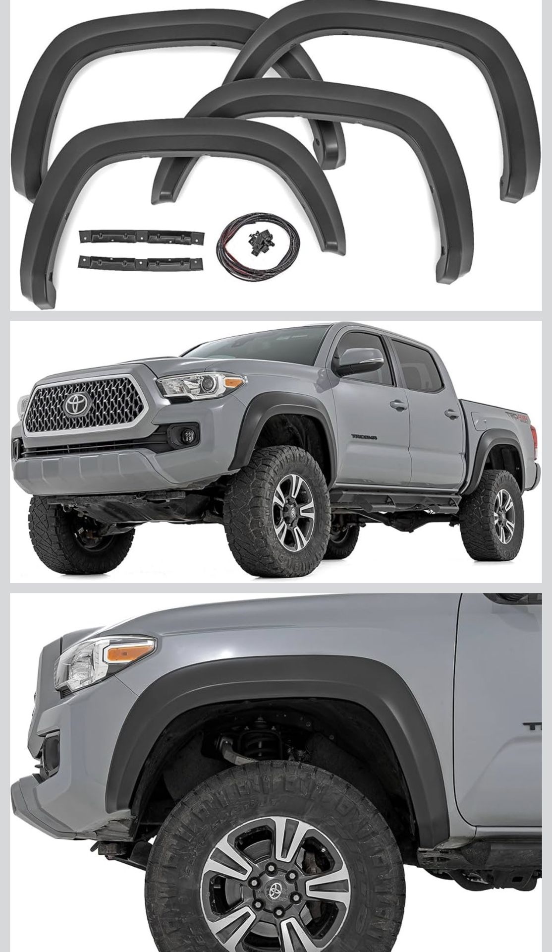 Rough Country Sport Style Fender Flares for Toyota Tacoma (2016-2023) - Durable ABS Flares, 1" Coverage, No-Drill Install, UV-Protected Flat Black Fin