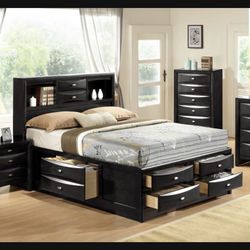 Full Size Platform Bed With Drawers And Bookcase Headboard