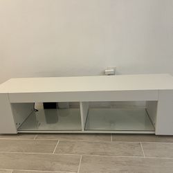 Modern White TV Stand with Glass Shelves