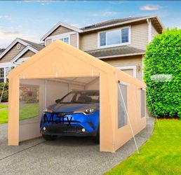 10x20ft Carport, Reinforced Steel Poles with Removable Sidewalls and Doors, Roll-Up Windows
