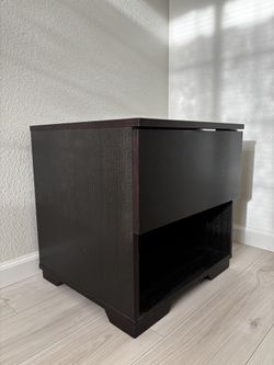 West Elm night stand mixed solid wood frame covered with acacia veneer in Burnished Black.