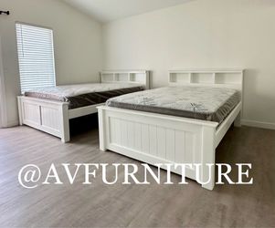 2 White Full Bookcase Beds and 2 Mattresses