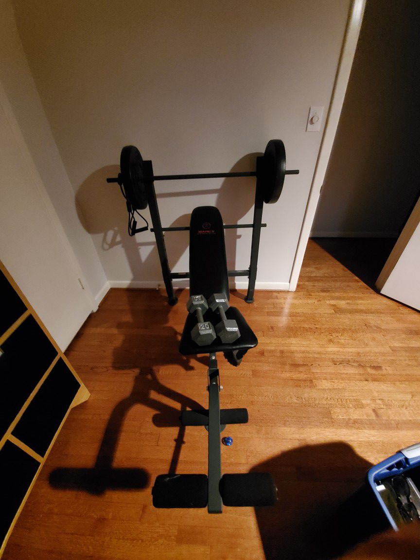 Weight bench and 2 20lb dumbbells