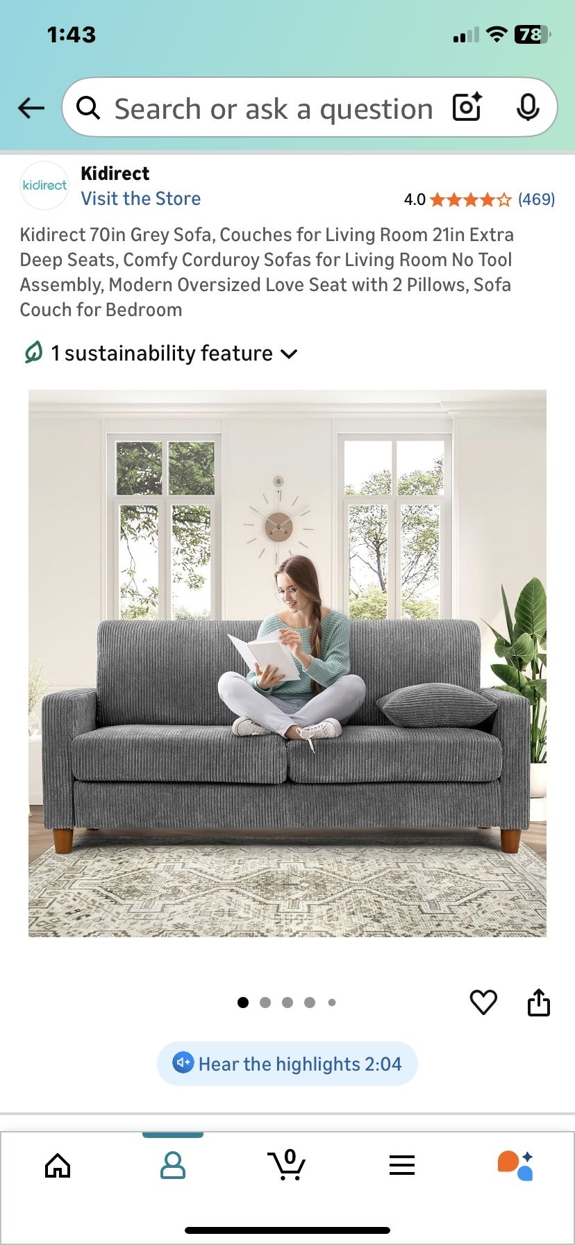 Couch 70” Grey corduroy