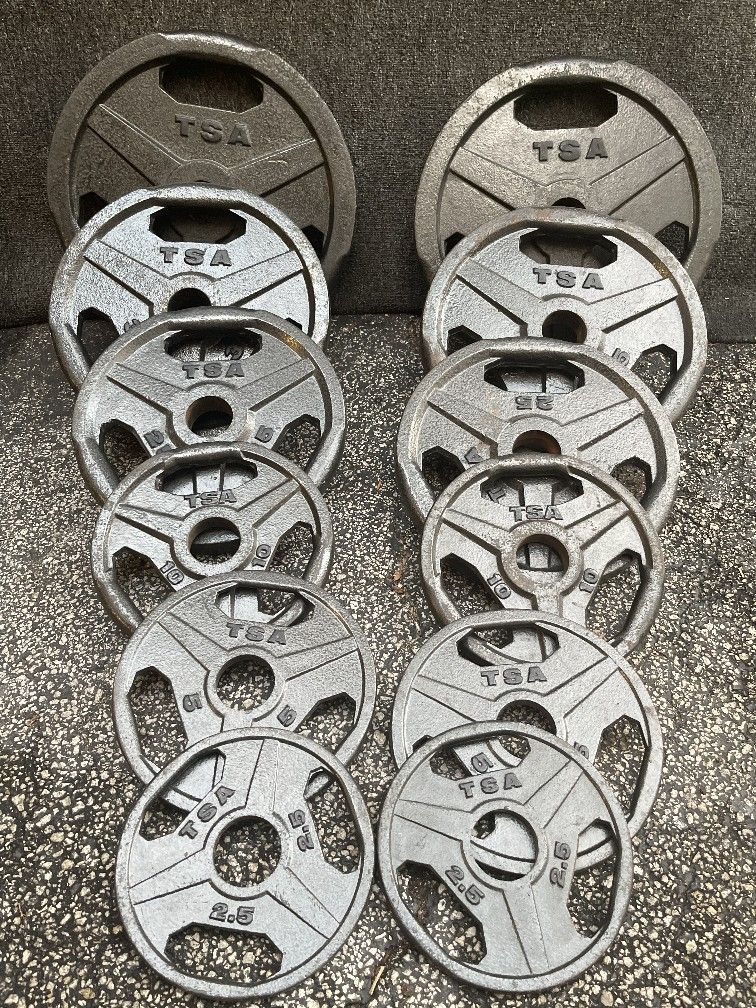 FULL  SET  OF   TSA   EASY GRIP  OLYMPIC   PLATES  (PAIRS OF)   :  45s   35s  25s  10s  5s  2.5s