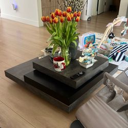 Modern Tiered Square Coffee Table – Stone & Black Finish