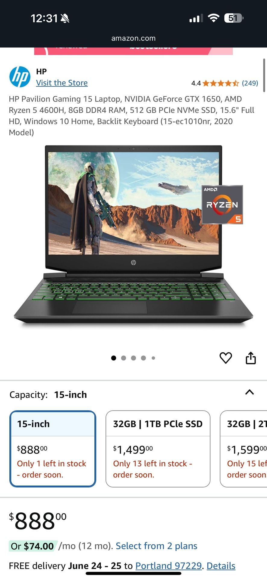 hp pavilion gaming laptop 15ec1010nr
