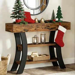 New assembled 41" Small Console Table for Entryway, 3-Tier Rustic Sofa Table with Storage Shelves and Curved Frame for Living Room, Entry, Hallway, Fo