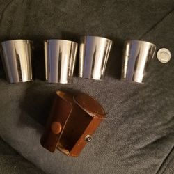 VINTAGE Germany Travel Nesting Shot Glasses (4) & Leather Case Metal Brass Lined 